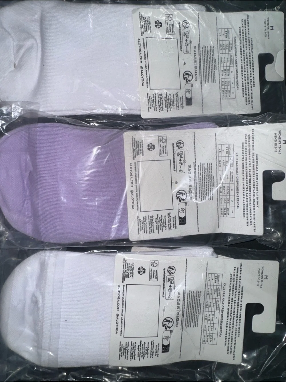 Alo Yoga Unisex Half Crew Socks 3 Pair Bundle White Gray White Purple Size M
